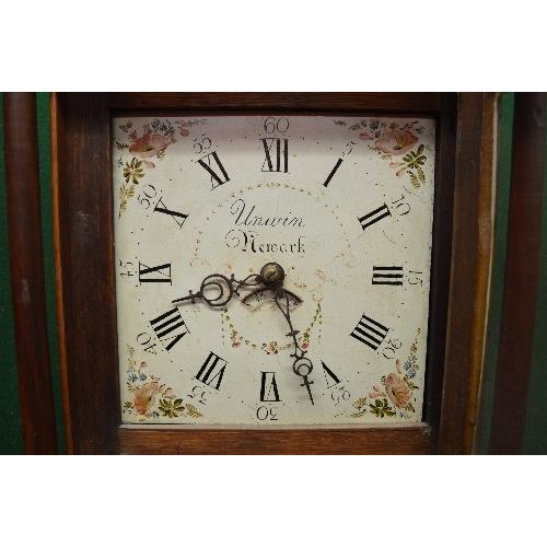 211 - Unwin, Newark, oak cased grandfather clock having white painted dial with black Roman Numerals and p... 