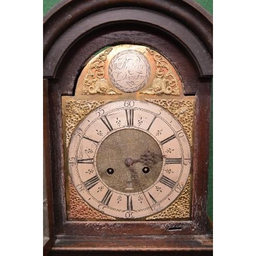 214 - William Waters, Downton, oak cased grandfather clock having brass face with arched top and silvered ... 