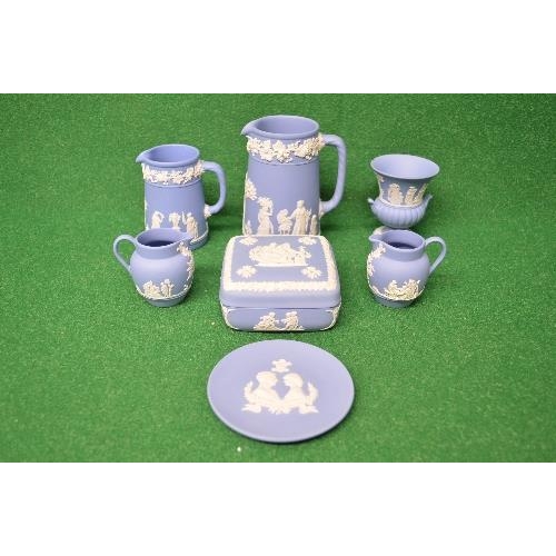 265 - Group of Wedgwood Jasperware pale blue porcelain to comprise: pair of small jugs, commemorative plat... 