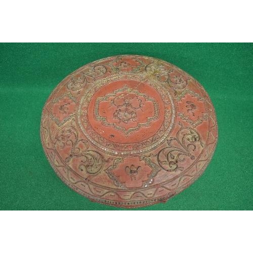 357 - Circular lidded lacquer on straw box having raised decoration the lid having central panel decorated... 