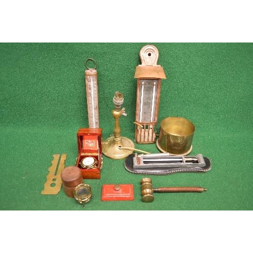 388 - Quantity of nautical and other items to include: brass ships table lamp, reproduction gimbal clock i... 