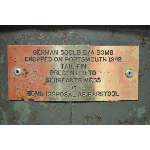 398 - German 500lb delayed action bomb tailfin converted to use as a bar stool with upholstered padded top... 