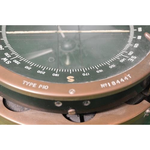 399 - WWII era type P10 aircraft compass of brass construction the rim marked Type P10 No. 18444T, mounted... 