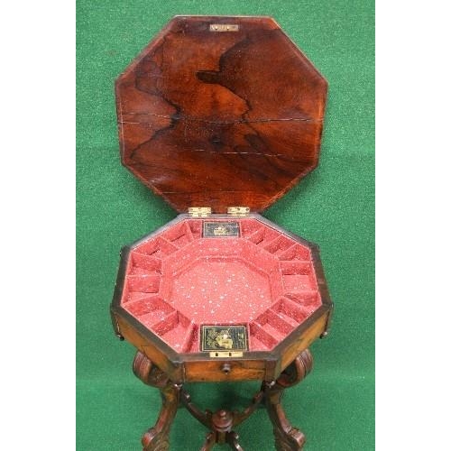 40 - 19th century rosewood work table having octagonal top lifting to reveal fitted interior of compartme... 