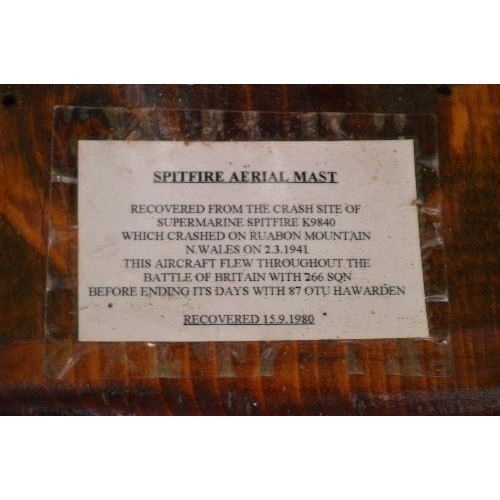 401 - Believed to be wooden ariel mast for a MkI Spitfire mounted on a wooden base and having paper label ... 