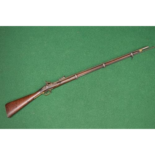 417 - 19th century three band muzzle load percussion rifle having full wooden stock and adjustable sight c... 