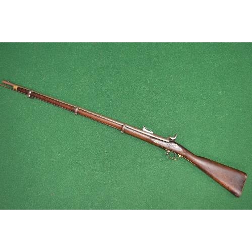 417 - 19th century three band muzzle load percussion rifle having full wooden stock and adjustable sight c... 