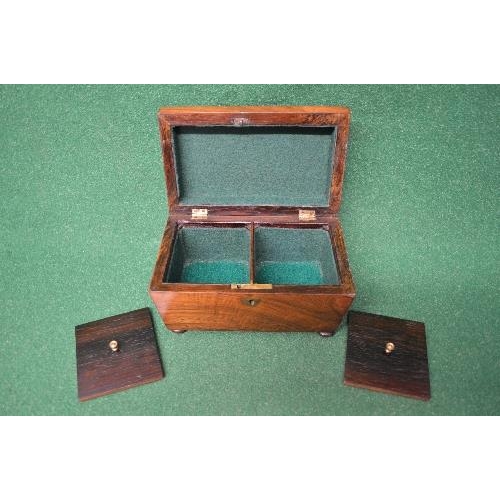 422 - 19th century rosewood sarcophagus shaped tea caddy having brass shield shaped escutcheons the top op... 