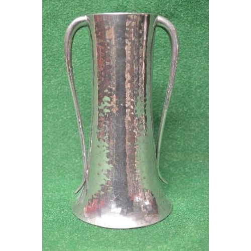 423 - Arts & Crafts English pewter twin handled vase with beaten body and impressed marks and numbered 648... 