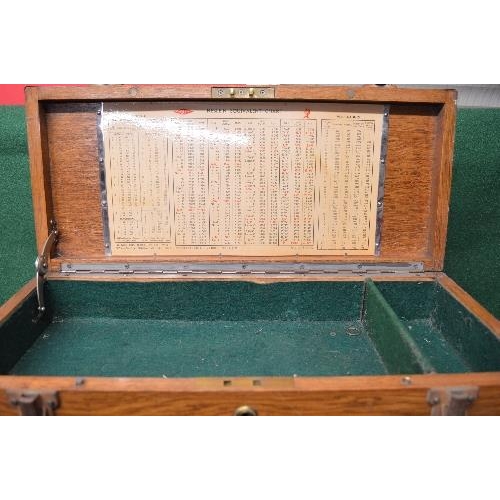 432 - Oak Neslein engineers tool chest having top carrying handle, the top opening to reveal two section i... 