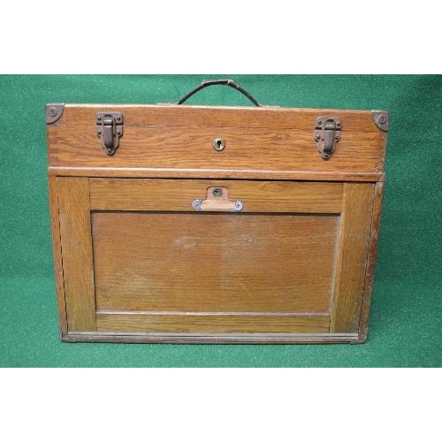 432 - Oak Neslein engineers tool chest having top carrying handle, the top opening to reveal two section i... 