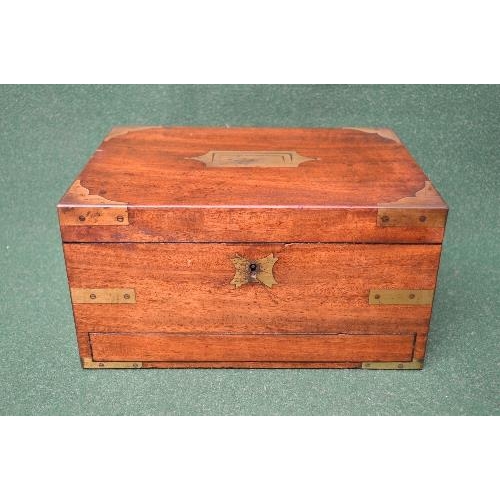 437 - 19th century mahogany travel box having brass cap corners and military style top carrying handle the... 