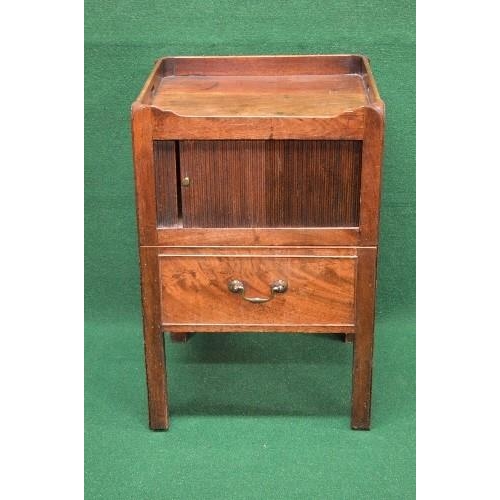 47 - Georgian mahogany tray top commode having raised gallery with pierced carrying handles over tambour ... 