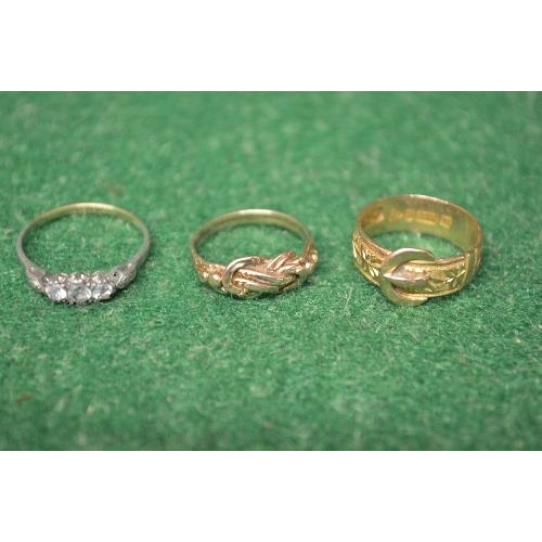 480 - 9ct gold ladies buckle ring together with one 9ct gold knot design ring and one 9ct gold and silver ... 