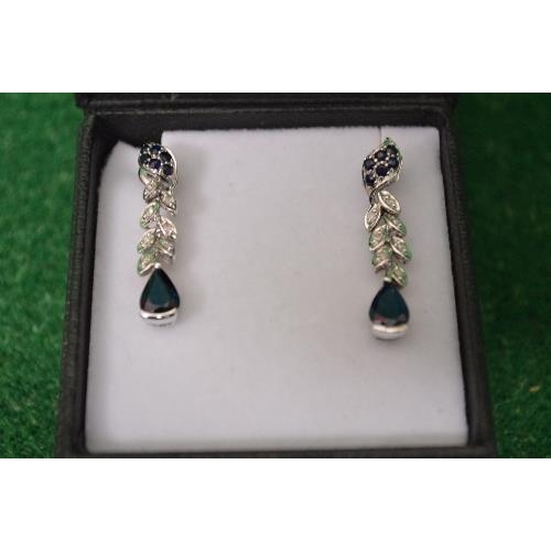 484 - Pair of 9ct white gold diamond and sapphire set drop earrings (gross weight 3gms)