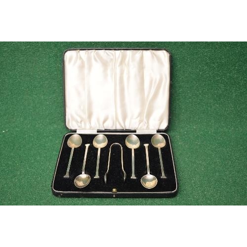 500 - Cased set of six silver teaspoons with matching sugar tongs, marked for Birmingham