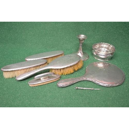 504 - Group of silver items to comprise: dressing table set of hand mirror, two clothes brushes, hair brus... 