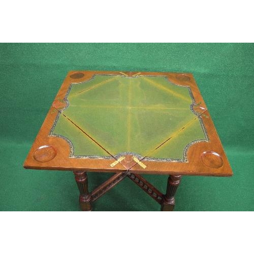 51 - Edwardian mahogany envelope card table the top opening to reveal green baize playing surface with gi... 