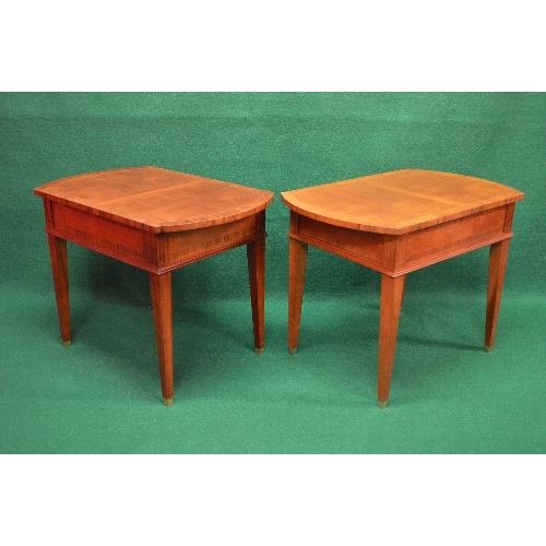 61 - Pair of 20th century mahogany lamp tables having crossbanded tops with bow ends and standing on squa... 