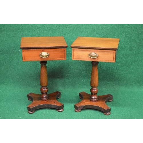 79 - Pair of mahogany side tables having square tops over single drawer with inlaid border and brass hand... 