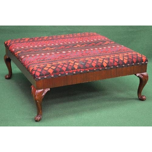 80 - Large mahogany framed foot stool having carpet covered upholstered top and standing on cabriole legs... 