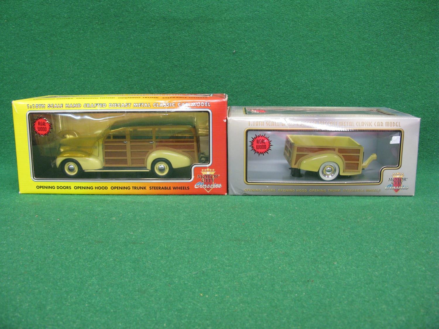 1:18 scale Motor City Classics models of a 1939 Chevy Woody wagon