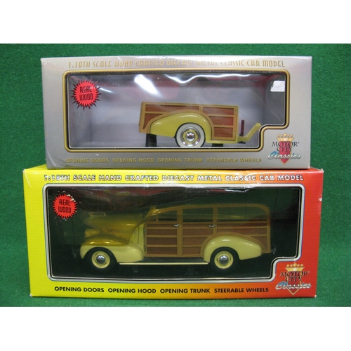 1:18 scale Motor City Classics models of a 1939 Chevy Woody wagon