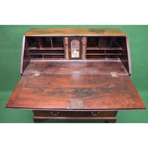 101 - Georgian mahogany bureau having fall front opening to reveal fitted interior of pigeon holes and cup... 