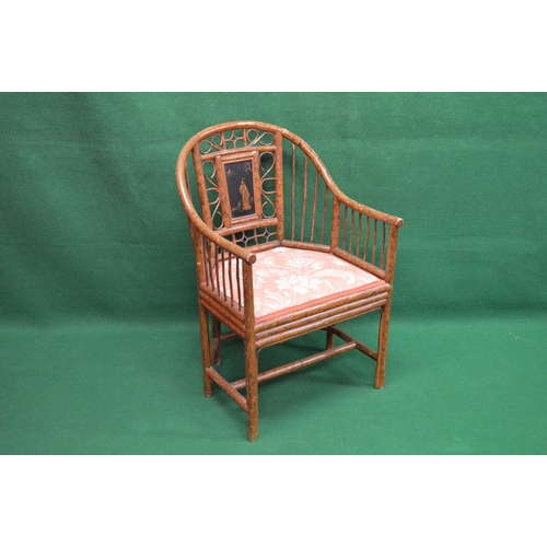 112 - Faux bamboo tub style armchair the back having chinoiserie painted panel over a padded seat, standin... 