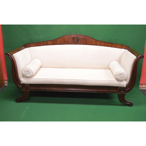 114 - 19th century mahogany scrolled arm settee having padded arms and back with removable padded seat and... 