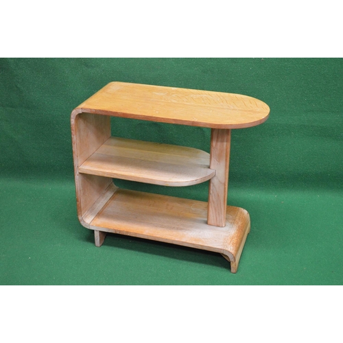 116 - Light oak Art Deco lamp table the top having rounded end supported by moulded upright leading to a l... 