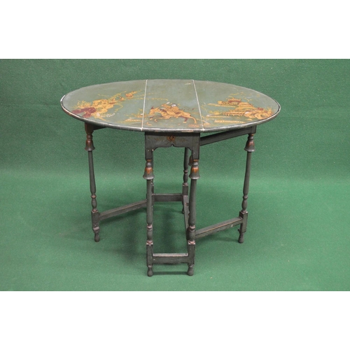 129 - Green chinoiserie painted small gateleg table having bow ends supported on turned and block stretche... 