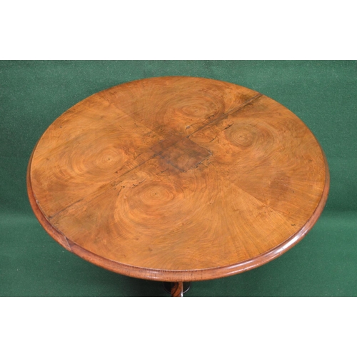 15 - Circular mahogany centre table the top having moulded edge supported on a turned column leading to f... 