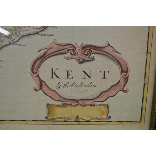 177 - Robert Morden hand coloured map of Kent covering from Lang Port up to London and having centre fold ... 