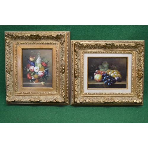 186 - Two unsigned late 20th century oil on board still lifes of fruit and flowers on tables - in unglazed... 