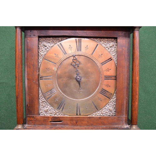 236 - Thomas Moore, Ipswich, oak cased grandfather clock having brass dial with black Roman Numerals and p... 