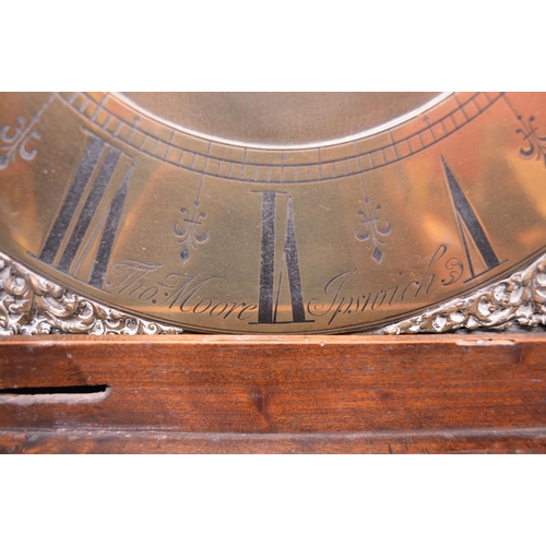 236 - Thomas Moore, Ipswich, oak cased grandfather clock having brass dial with black Roman Numerals and p... 