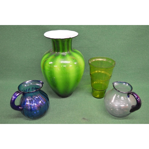 270 - Group of glassware to comprise: Cobolt blue jug with ribbed body and bubble inclusions, another jug ... 