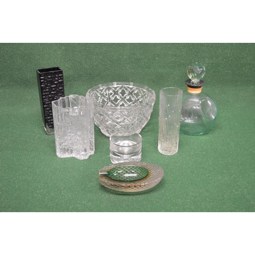 275 - Group of glassware to include: green glass Art Deco decanter with white metal collar, three vases, T... 