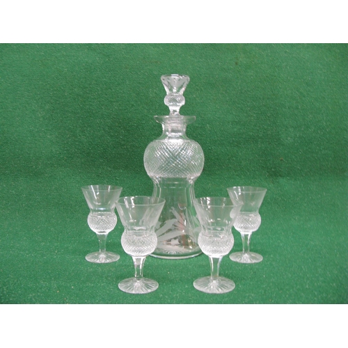 298 - Edinburgh Crystal thistle shaped decanter having engraved decoration of thistles together with four ... 