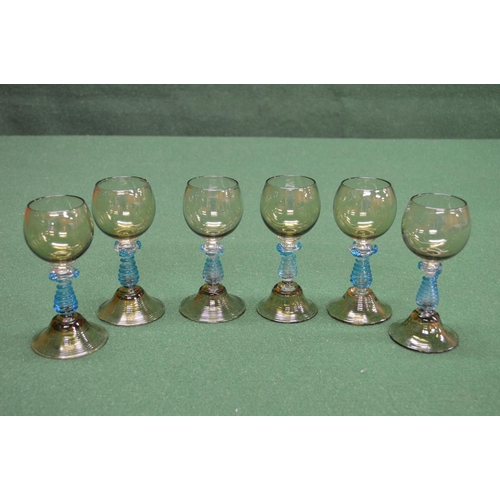 307 - Set of six green Roamer glasses having clear stems with applied blue spiral decoration - 6