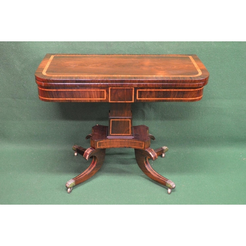 33 - 19th century rosewood crossbanded D shaped fold over card table the top opening to reveal baized pla... 