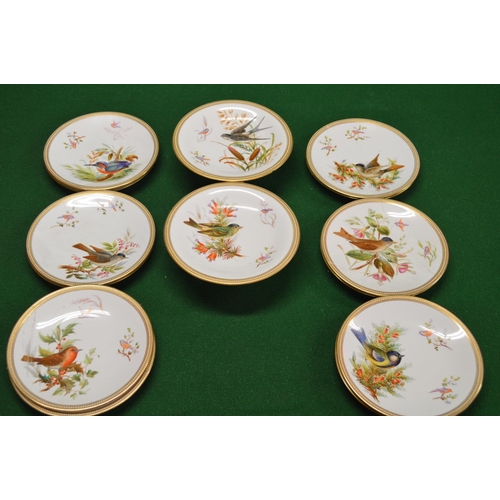 334 - Group of twelve plates and two cake stands by Royal Worcester featuring birds of the British Isles o... 