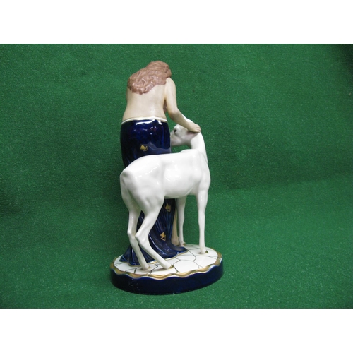 354 - Royal Dux figure No. 2963 of a semi nude maiden and doe, standing on a circular base and having pink... 