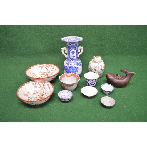 361 - Quantity of Oriental ceramics to comprise: blue and white decorated two handled vase, ginger jar and... 