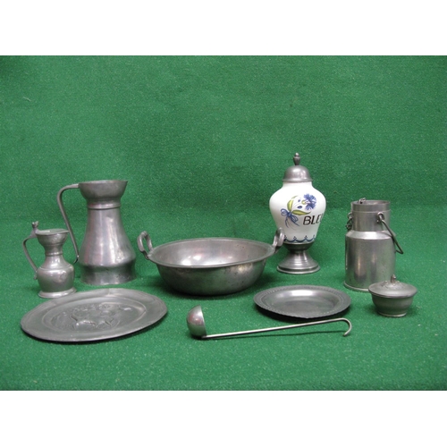 382 - Group of pewter items to comprise: two jugs, lidded jar, miniature milk churn, two plates, lidded po... 