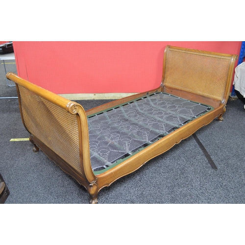 4 - Late 20th century Bergere single sleigh bed having double caned head and foot boards and metal sprin... 