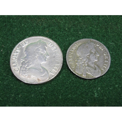 406 - 1679 silver crown in worn cleaned condition together with a 1673 half crown stamped with an R below ... 