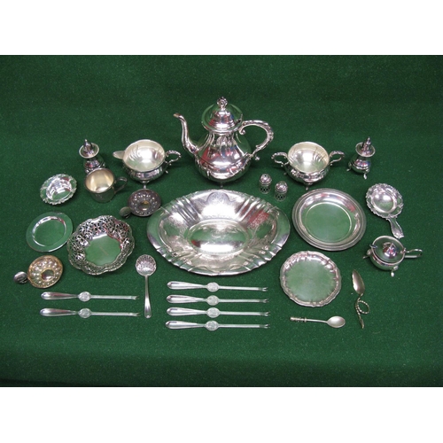 436 - Collection of silver plated items to include: three piece teaset, tea strainer and bowl, Christening... 