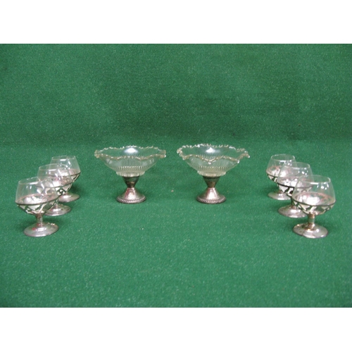 441 - Set of six small glass brandy balloons having silver bases together with a pair of glass dishes on w... 